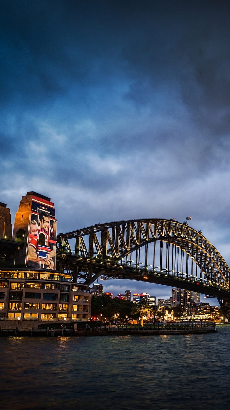 Sydney Australia, australian, bluepantherftw, bridge, city, clouds, new south wales, night, water, HD phone wallpaper