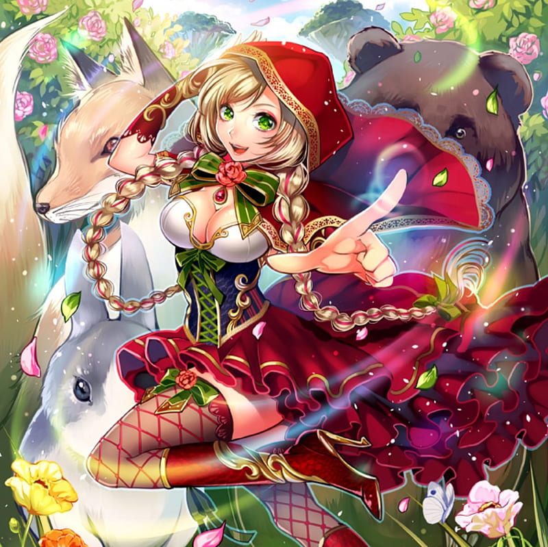 Red Hood, pretty, green eyes, sweet, nice, anime, beauty, anime girl, jump, long hair, lovely, twintail, gown, blonde, sexy, braids, nny, eyes, hood, dress, blond, bear, bonito, red riding hood, twin tail, hot, female, rabbit, brown hair, blonde hair, twintails, twin tails, blond hair, girl, fox, flower, petals, bunny, HD wallpaper