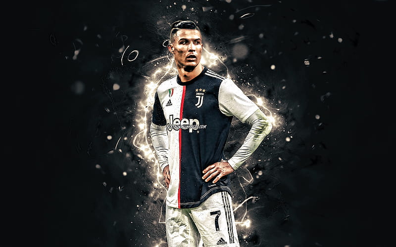 Cristiano Ronaldo, 2020, Juventus FC, CR7, new hairstyle, portuguese footballers, Italy, Bianconeri, soccer, football stars, Serie A, neon lights, CR7 Juve, HD wallpaper