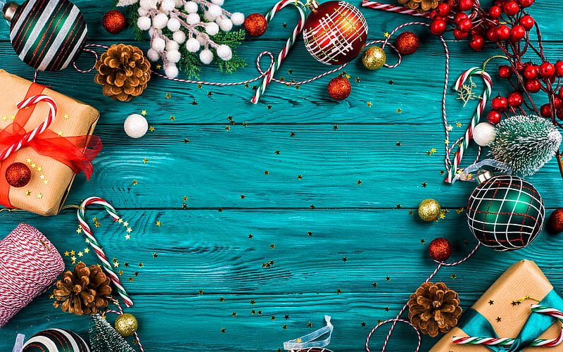 christmas frames, blue wooden background, christmas decorations, xmas gifts, xmas balls, gift boxes, Happy New Year, Merry Christmas, new year concepts, xmas frames, HD wallpaper
