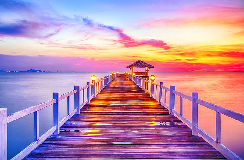 Sea sunrise, colorful, bridge, port, pier, sunrise, sky, wooden, sea, HD wallpaper