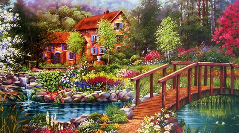 Over the bridge, pretty, art, bridge, houses, painting, garden, nature ...