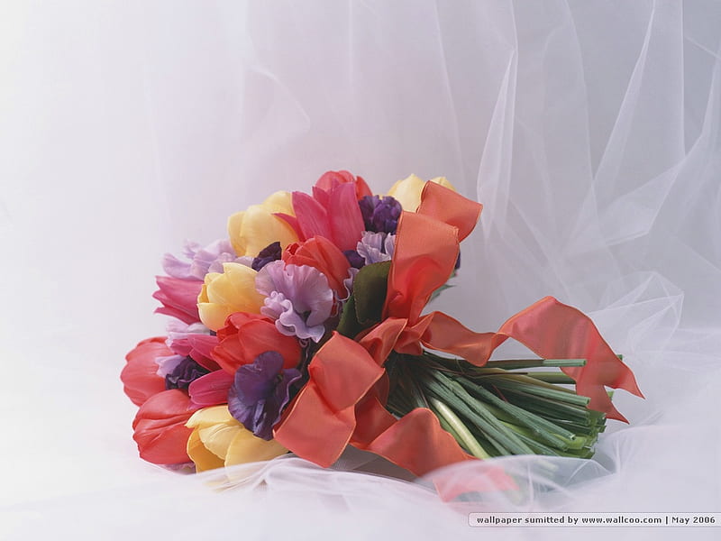 Bouquet for My Friend Tamara, red, decoration, pansys, yellow, bonito, bouquet, flowers, tulips, blue, HD wallpaper