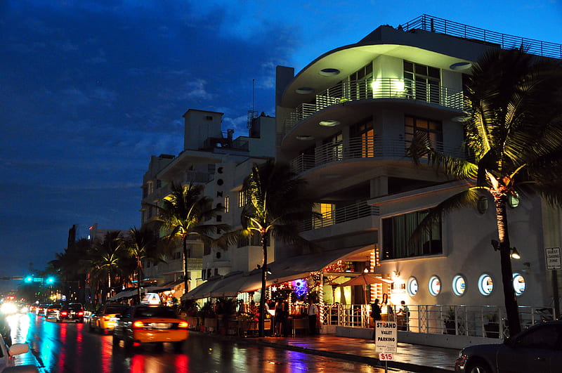 Ocean Drive, miami, colourful, ocean, south beach, lights, night, HD wallpaper