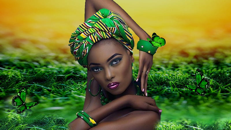African Headdress, artistic, pretty, stunning, grass, bold, african, yellow, breathtaking, bonito, woman, women, green, bright, feminine, light, gorgeous, daring, female, vivid, lovely, model, creative, girl, fashion model, HD wallpaper