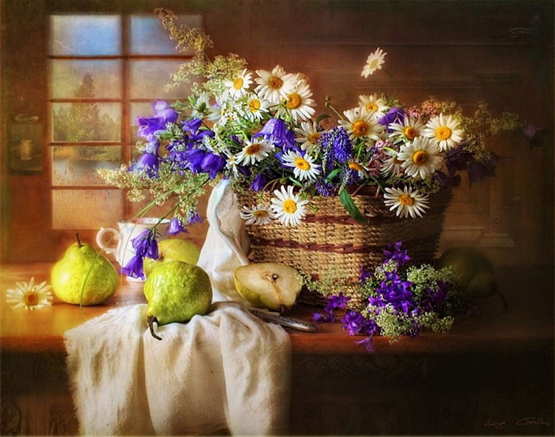 Still Life, daisies, pears, fruits, painting, flowers, blossoms, artwork, HD wallpaper