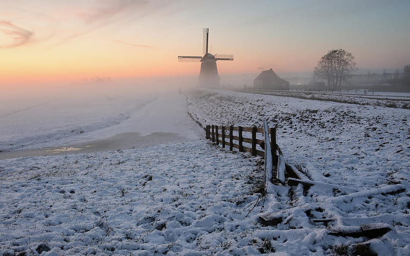 Winter Morning in a Dutch Village, villages, windmills, snow, nature, sunrise, morning, winter, HD wallpaper