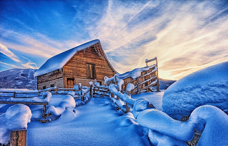 The Barn at Sunrise, Steamboat Springs, Colorado, winter, frost, snow, beautiful, sky, Colorado, cabin, sunrise, HD wallpaper