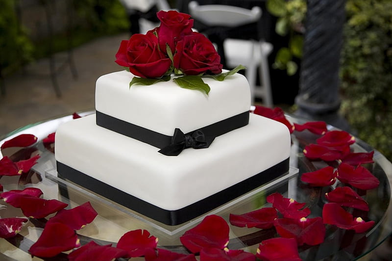Groom's Cake, cake, red, red roses, black, roses, white, wedding, white icing, HD wallpaper