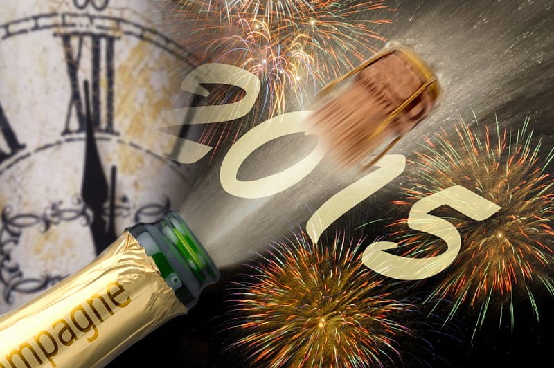 Happy New Year, holiday, bottle, celebration, cork, count down, clock, new year, fireworks, champagne, 2015, HD wallpaper