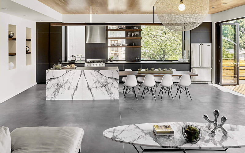 Cocina, interior moderno, mesa grande, diseño interior elegante, Fondo de  pantalla HD | Peakpx