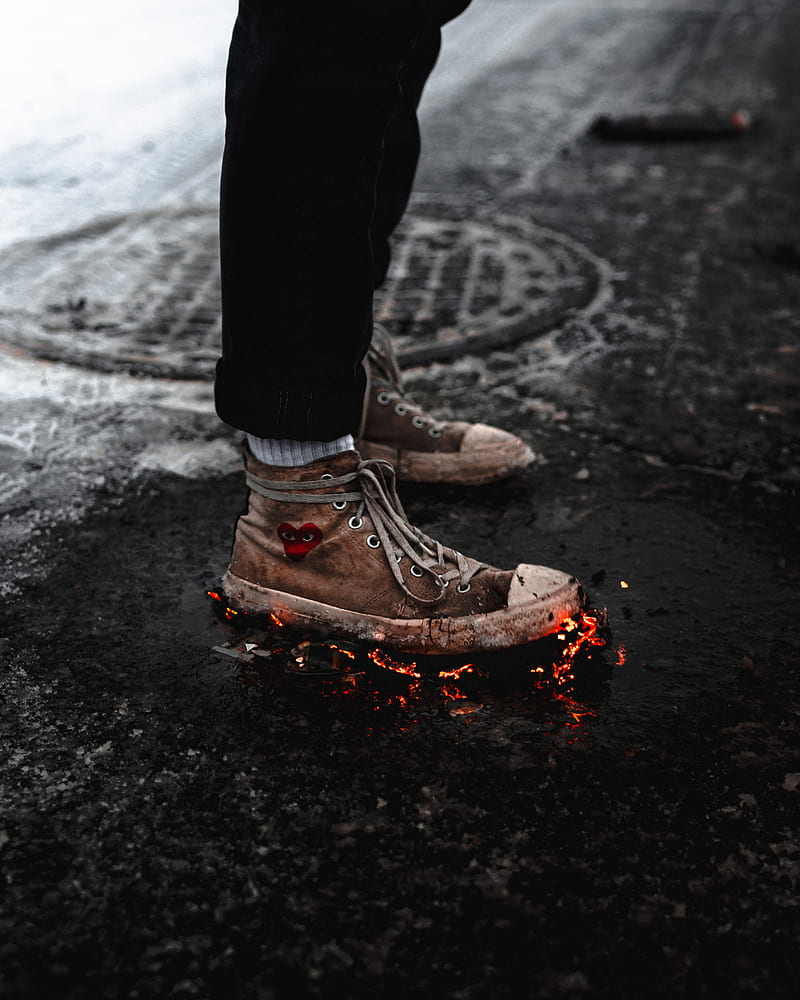 legs, sneakers, fire, asphalt, snow, HD phone wallpaper