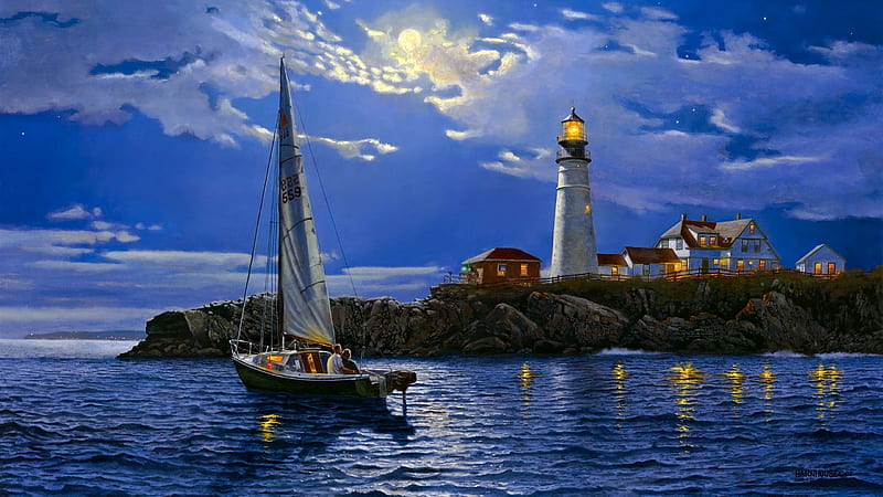 Portland Head Light, art, clouds, lights, sea, moon, boat, headlight, nature, evening, HD wallpaper