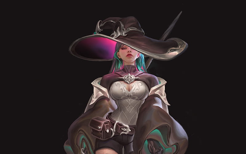 Witch, huaqian zheng, fantasy, frumusete, luminos, girl, black, pink, hat, HD wallpaper
