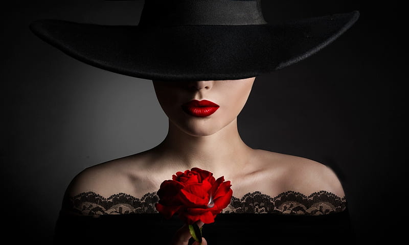 Secret of a Rose, rose, black, flower, Woman, mysterious, lovely, sultry, feminine, face, Hat, HD wallpaper