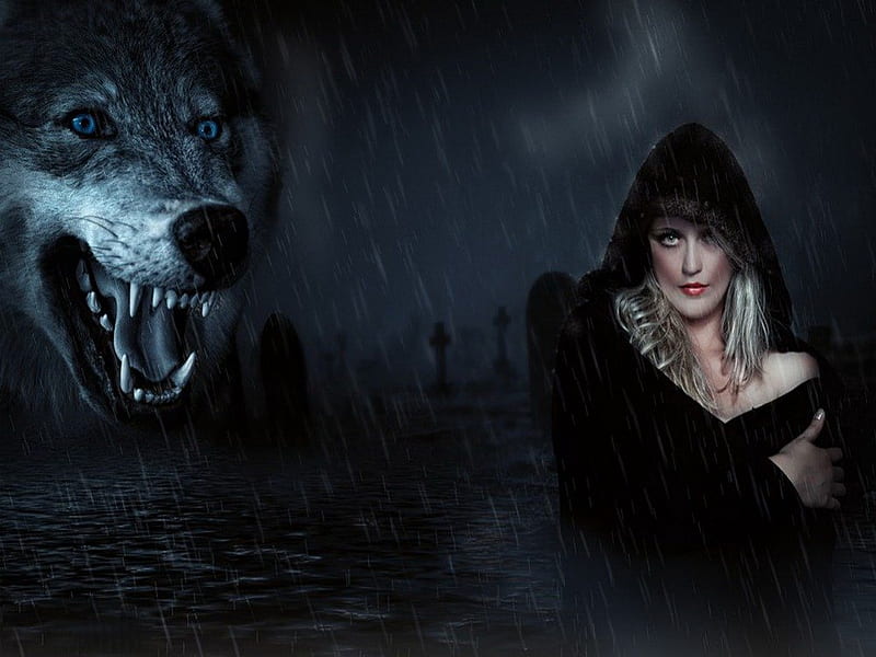 Helpless, dark, wolf, woman, night, HD wallpaper