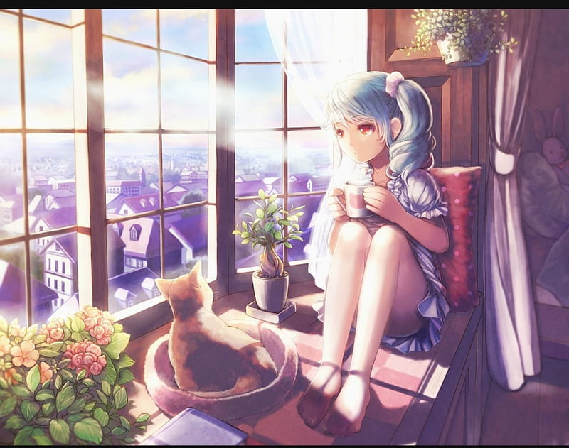 Cold Day, pretty, bonito, clouds, tea, sweet, city, anime, hot, flowers, beauty, anime girl, long hair, blue, art, lovely, window, soft, sky, cat, cute, girl, blue hair, cup, day, HD wallpaper