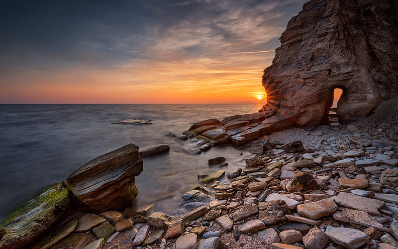 sunset, seascape, rocky shore, beach, rocks, evening, sea, HD wallpaper