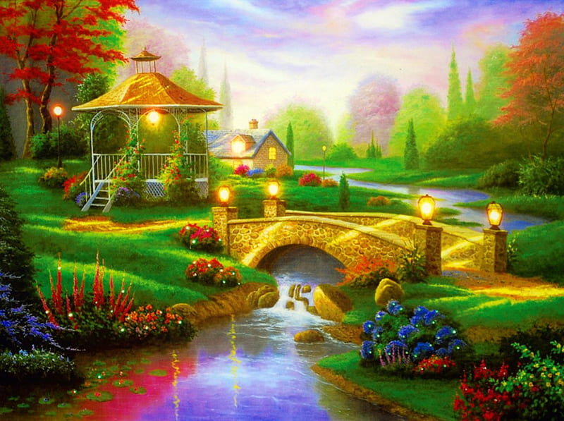 Beautiful countryside, colorful, fairytale, bonito, lights, countryside, calm, bridge, painting, village, river, art, lovely, creek, serenity, peaceful, summer, nature, gazebo, HD wallpaper