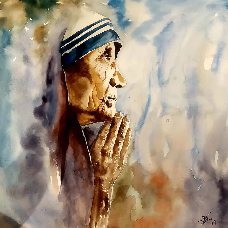 Mother Teresa, artistic, help, kindness, legendary, love, namastey, painting, pitty, social worker, watercolor, HD phone wallpaper