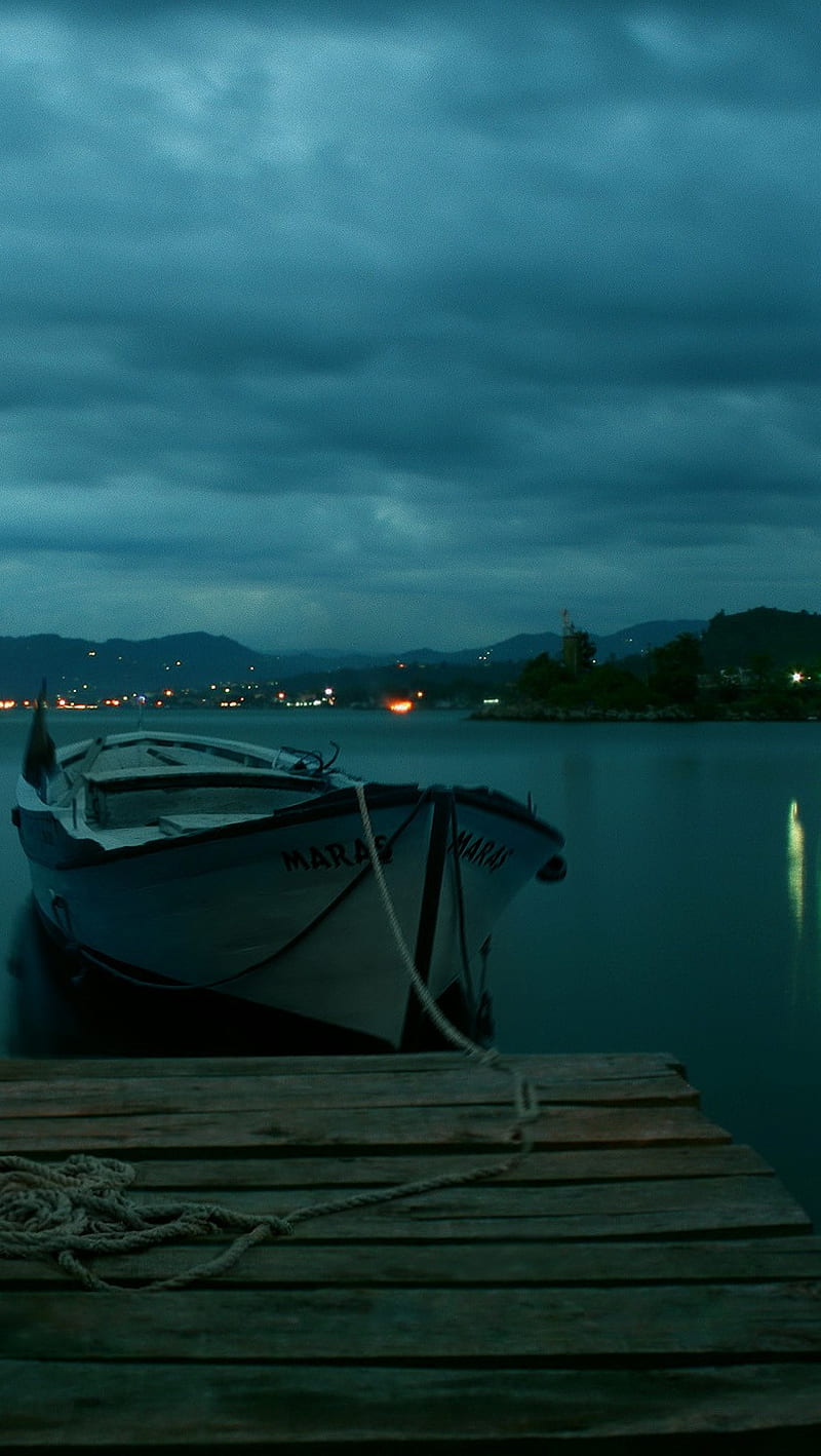 Dock, blue, boat, night, sea, water, HD phone wallpaper