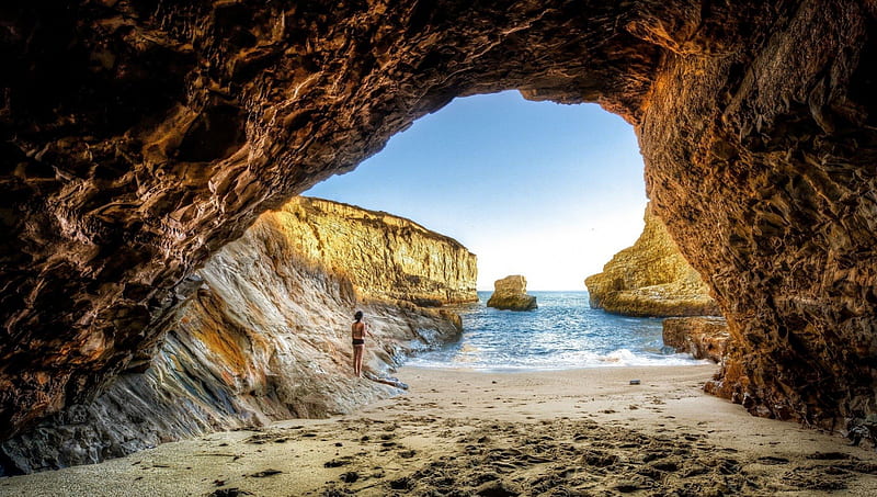 girl in a coastal grotto r, beach, rocks, girl, r, grotto, sea, HD wallpaper