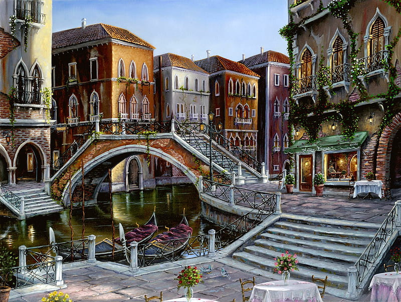 Venetian Sunrise, canal, homes, stairs, venice, gondolas, stores, cafes, boats, bridge, painting, chairs, flowers, sunrise, italy, art, tables, buildings, birds, roses, robert finale, arched, water, steps, HD wallpaper