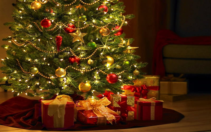 Christmas Tree, ornaments, bulbs, decoration, artwork, xmas, lights, gifts, HD wallpaper