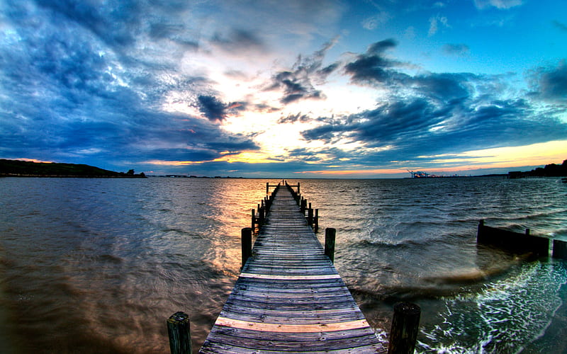 The bridge to infinity, water, bridge, sunset, reflection, sky, lake, blue, HD wallpaper