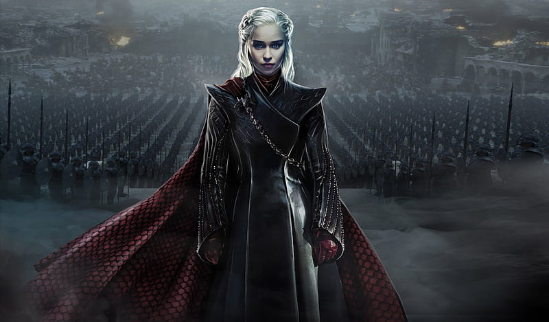 Daenerys Targaryen, daenerys targsryen, fantasy, luminos, game of thrones, mad queen, black, army, HD wallpaper