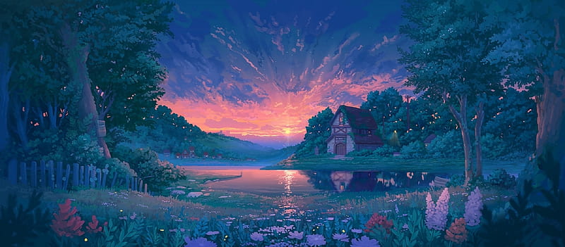 Sunset, fantasy, cgi, green, anime, nature, orginal, forest, house, lake, HD wallpaper