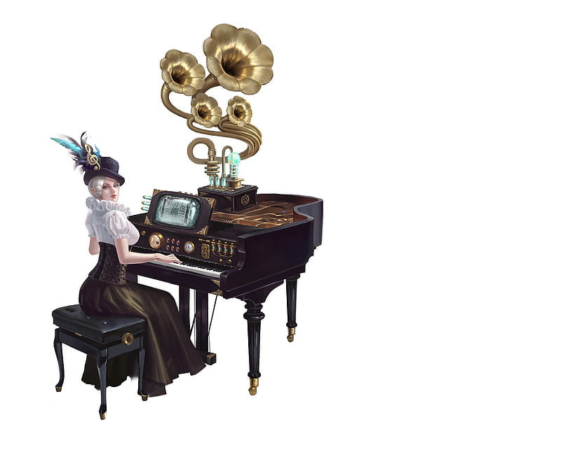 The pianist, instrument, fantasy, luminos, girl, pianist, wenfei ye, white, hat, HD wallpaper