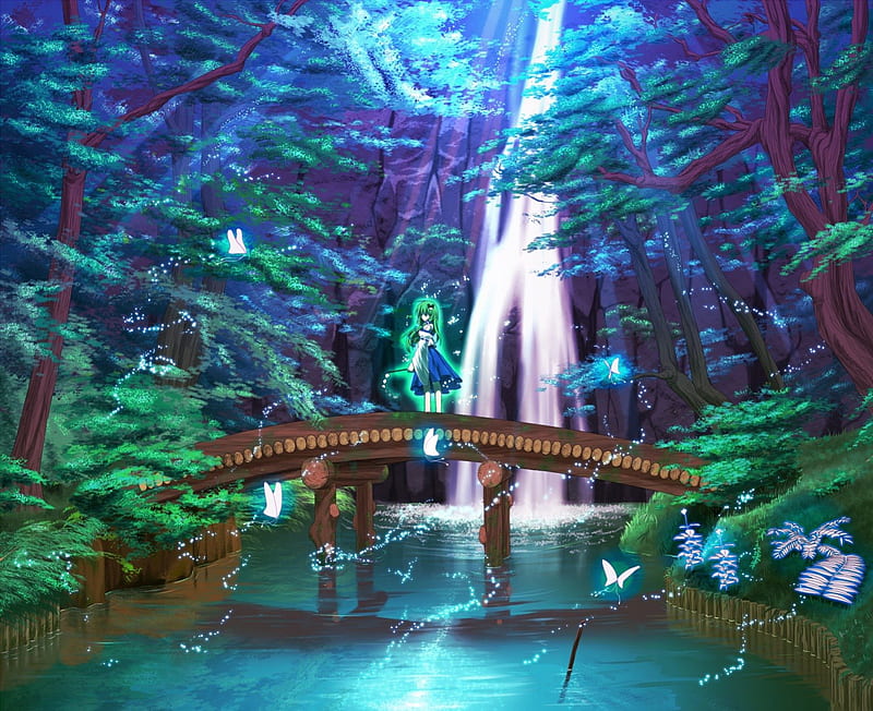 Forest Scenic, plant, bonito, kochiya sanae, sweet, nice, bridge, green ...