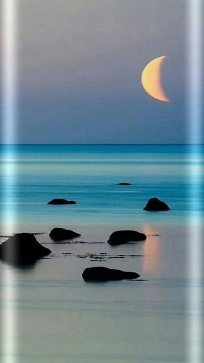 moon, beach, edge, rock, samsung, sea, water, HD phone wallpaper