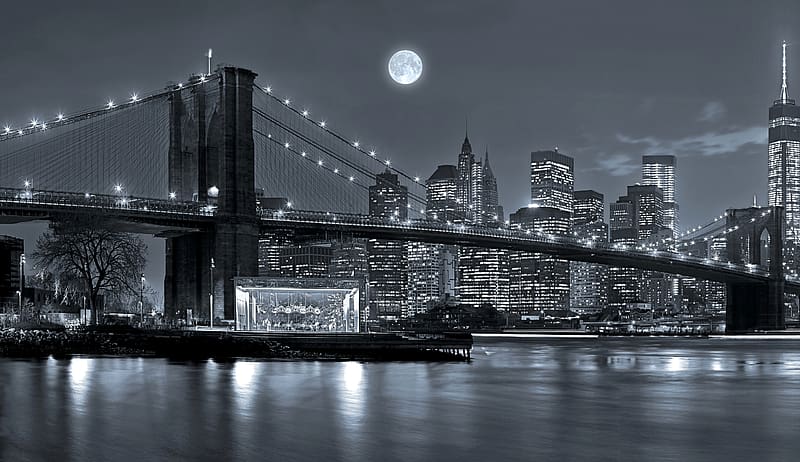 Bridges, Night, Moon, Skyscraper, Building, Bridge, New York, Brooklyn Bridge, , Black & White, HD wallpaper