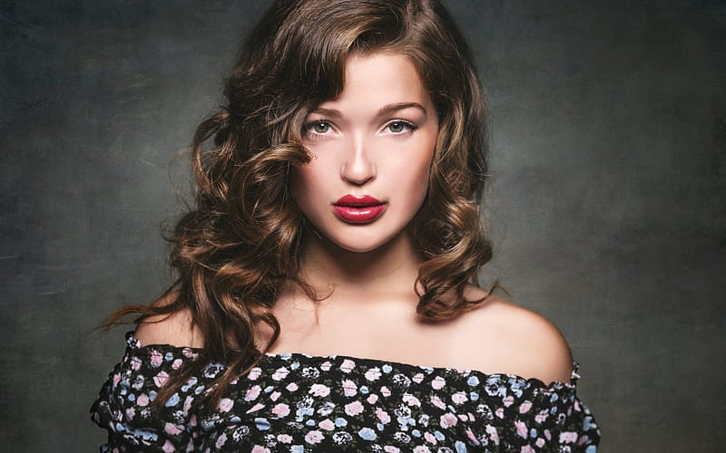 brown hair, makeup, portrait, beautiful girl, red lipstick, HD wallpaper