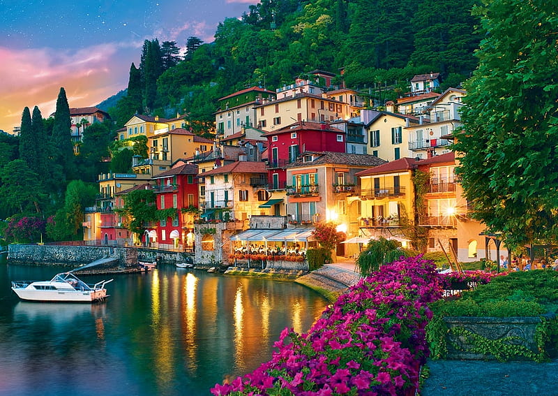 Lake Como, water, boat, house, flowers, sunset, reflections, sky, HD wallpaper