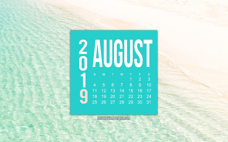 2019 August Calendar, sea background, summer 2019, creative art, calendar for August 2019, 2019 calendars, HD wallpaper