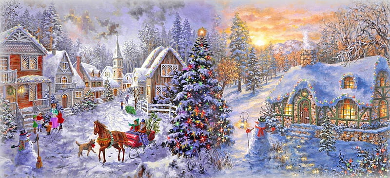 Star of Wonder, sleigh, snowmen, cottages, christmas, tree, carol ...