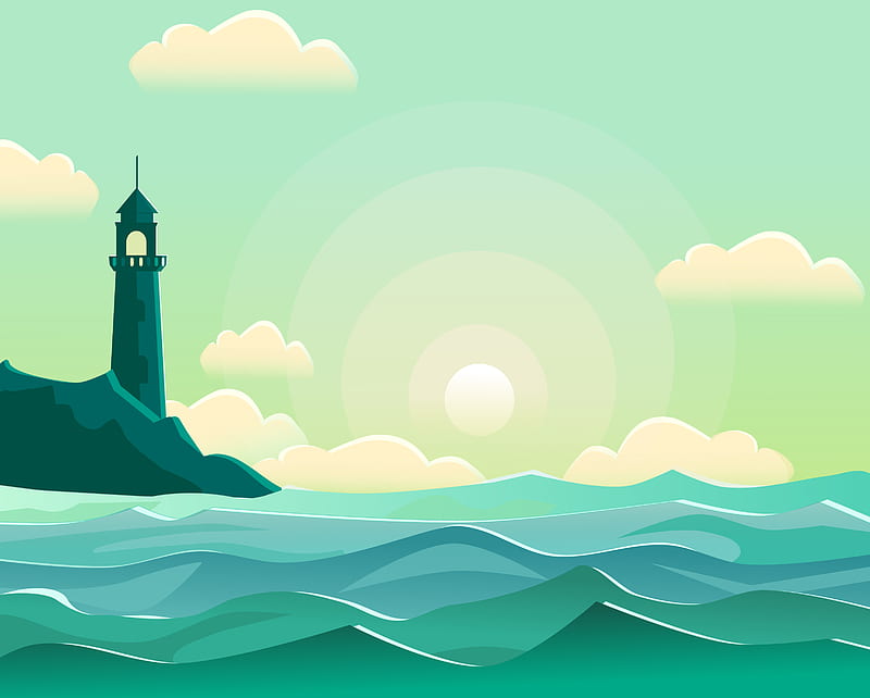 lighthouse, sea, wave, vector, art, HD wallpaper