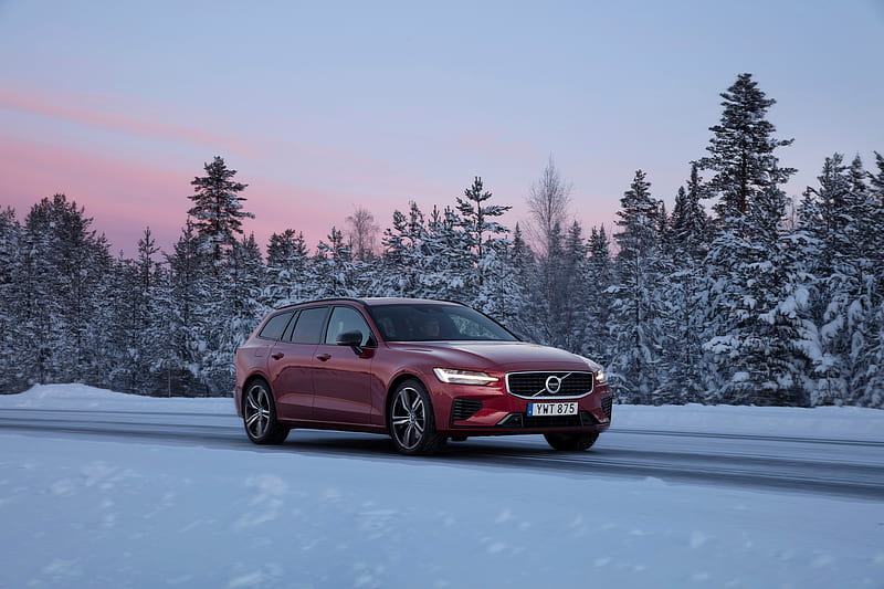 volvo v60, red cars, winter, trees, snow, Vehicle, HD wallpaper