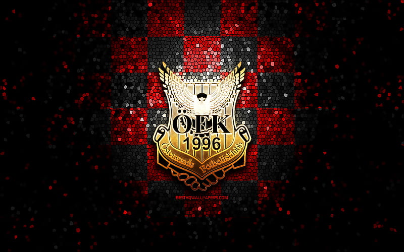 Ostersunds FC, glitter logo, Allsvenskan, red black checkered background, soccer, swedish football club, Ostersunds logo, mosaic art, football, Ostersunds FK, HD wallpaper