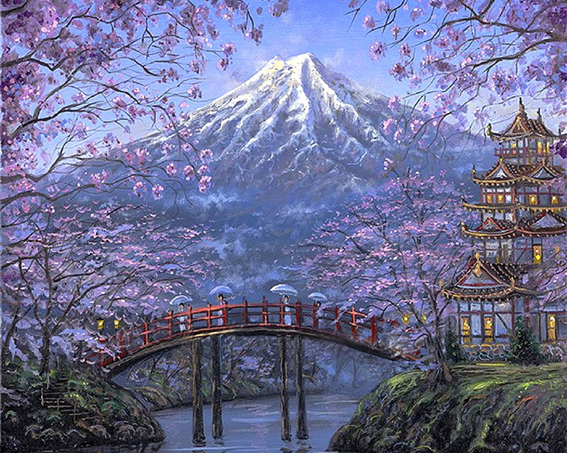 Mount Fuji, sakura, tourists, japan, bridges, love four seasons, attraction in dreams, spring, attractions in dreams, Fuji, paintings, mountains, travels, nature, HD wallpaper