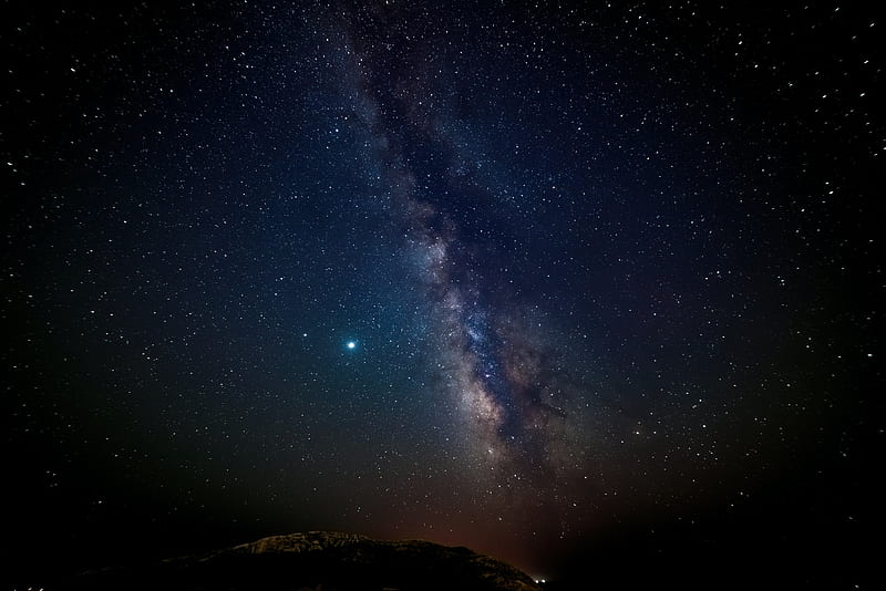 nebula, starry sky, stars, hill, night, HD wallpaper