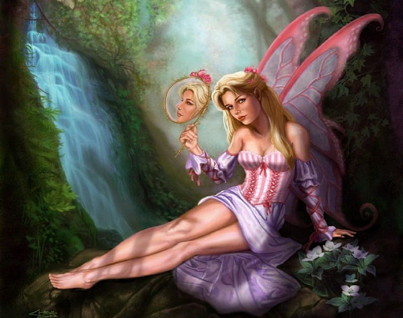 Fairy With Magic Mirror, Fairy, Mirror, Pink, Waterfall, Fantasy, HD wallpaper