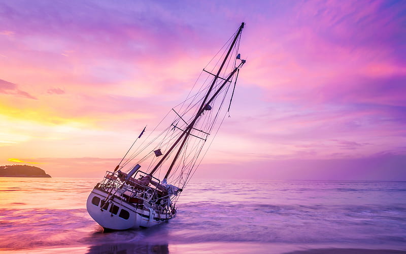 sailboat, sunset, seascape, white yacht, pink clouds, HD wallpaper