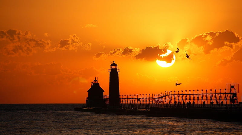 lighthouse enveloped by sunset, pier, birds, sunset, lighthouse, sea, HD wallpaper