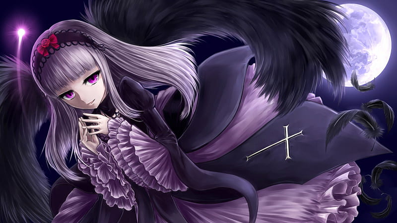 Suigintou, dress, eerie, wing, rozen maiden, moon, anime, feather, scary, hot, anime girl, purple eyes, long hair, night, female, wings, gown, purple hair, sexy, cute, girl, creep, dark, HD wallpaper