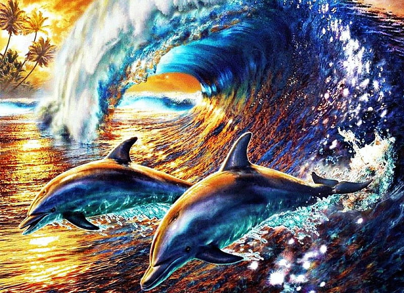 Dolphins at Rough Sea, water, tropical, artwork, wave, palms, HD wallpaper