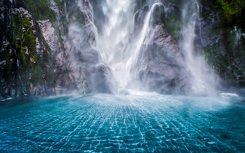 Stirling Falls waterfalls, Fiordland, cliffs, South Island, New Zealand, HD wallpaper